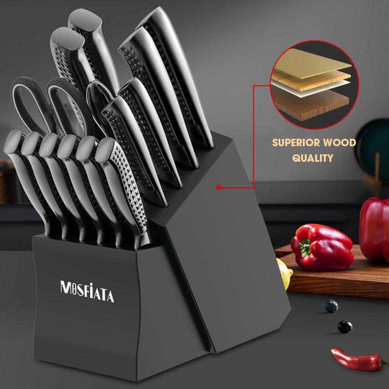 MOSFiATA Kitchen Knife Set, 17 Pcs Japanese Stainless Steel Knife Sets for Kitchen with Block with Knife Sharpening Rod, Dishwasher Safe, Titanium Plated Knife Block Set (Gray) - Image 4